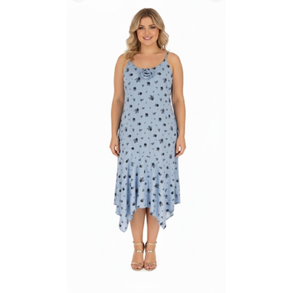 Tinsel Town Midi Dress Womens XL Blue Floral Rosette Asymmetrical Romantic NEW